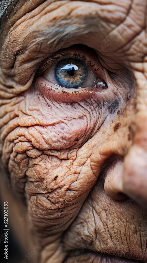 Timeless Beauty. Macro Close-Up of the Face of a Very Old Woman with Focused Blue Eyes. AI Generative Timeless Beauty. Macro Close-Up of the Face of a Very Old Woman with Focused Blue Eyes. AI Generative