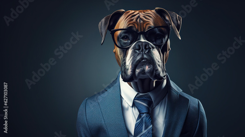 Cool looking Boxer dog wearing suit, tie and glasses isolated on dark background. Businessman, manager. Digital illustration generative AI. © Tepsarit