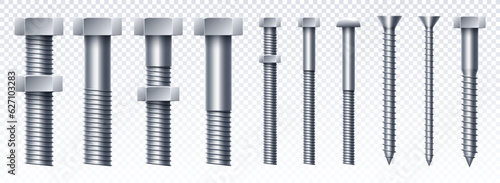 Set of steel hex bolts on copy space