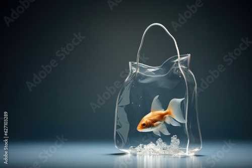 Gold fish in plastic bag thrown into the sea, plastic pollution underwater in the ocean. World oceans day. Eco concept. Pollution in ocean concept for poster