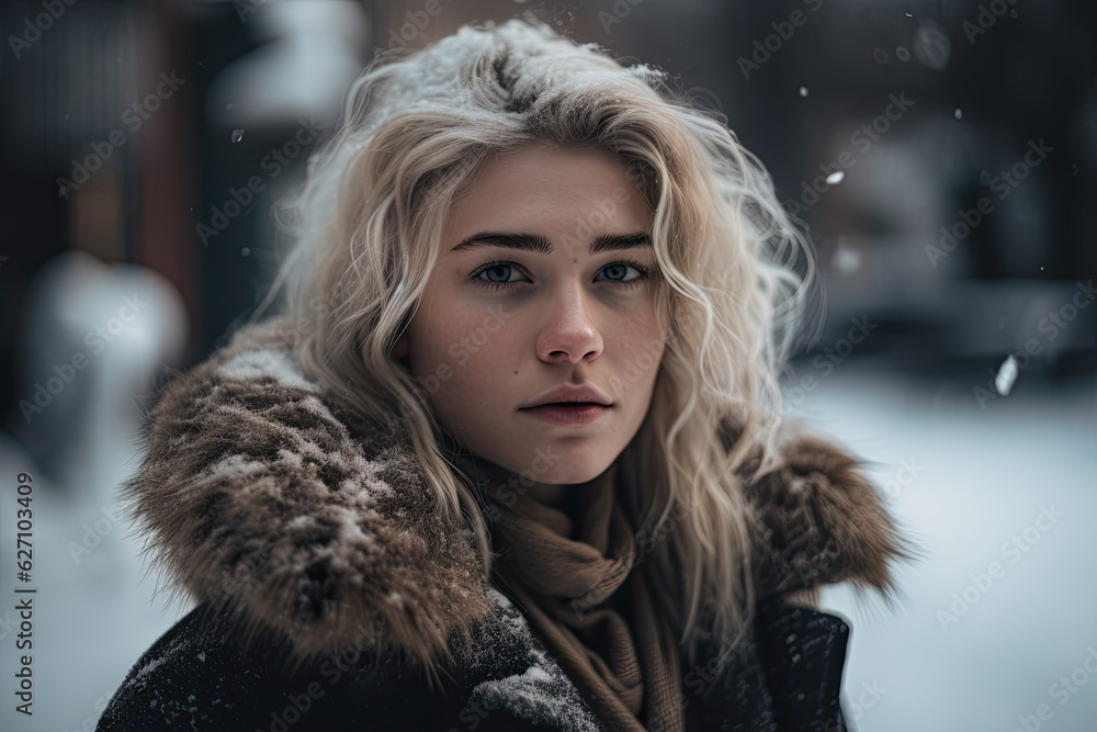 Generative AI illustration of side view of unemotional young blond female with blue eyes and freckles in warm clothes looking at camera against blurred snowy day in winter