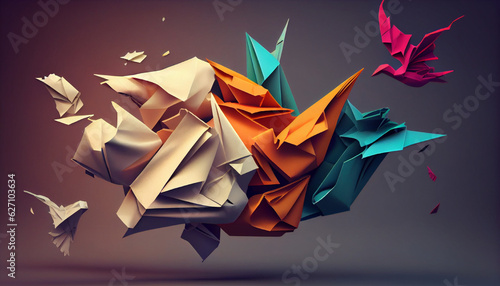 Concept of fresh thoughts and ideas as a mark of inspiration and creativity metaphor as a collection of crumpled papers, with one unique paper changing into a fluttering origami bird