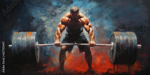 An Oil Painting of Strength Training - Muscle Power - An oil painting depicting a strength training session with weights, promoting muscle strength    Generative AI Digital Illustration