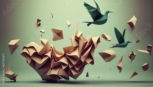 Concept of fresh thoughts and ideas as a mark of inspiration and creativity metaphor as a collection of crumpled papers, with one unique paper changing into a fluttering origami bird