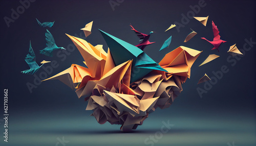 Concept of fresh thoughts and ideas as a mark of inspiration and creativity metaphor as a collection of crumpled papers, with one unique paper changing into a fluttering origami bird