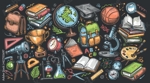 Education concept. Set of school items in cartoon funny style. Vector illustration