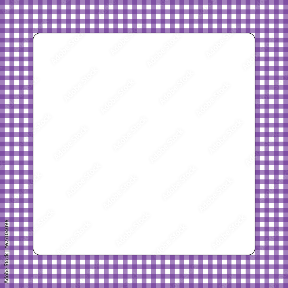 Quadratische Vorlage mit violett-weiß kariertem Rand und textfreiraum. Quadratische Vorlage mit violett-weiß kariertem Rand und textfreiraum.