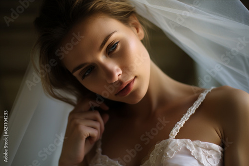 A strapless wedding dress with lace and beading, a wedding dress, studio, a sense of calm and serenity, a close-up of the model's face. AI generated image photo