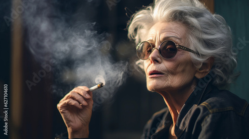 A elderly woman smoking a cigarette