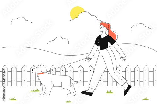 Woman walking dog line vector concept