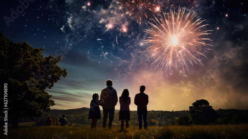 Night of Wonder. People Observing Fireworks in the Sky. AI Generative