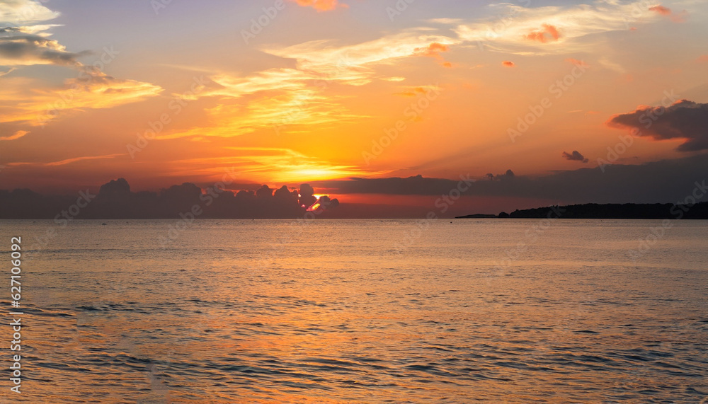 Sunset sky clouds vertical over sea in the evening with colorful orange sunlight reflect on the sea landscape with summer travel concept