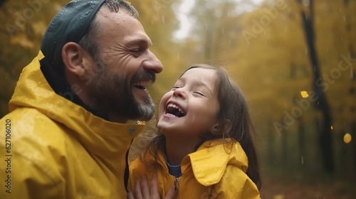 Father and daughter, playing, in the rain, among yellow autumn trees, they are laughing, happily, capturing moment. 