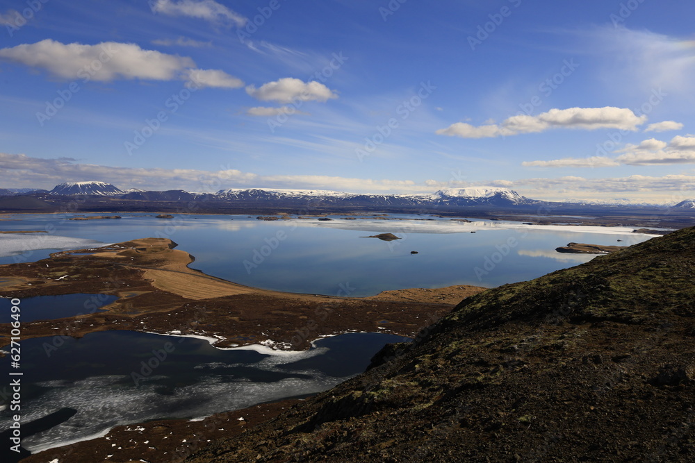 Mývatn is a shallow lake located in an area of active volcanism in northern Iceland, near the Krafla volcano