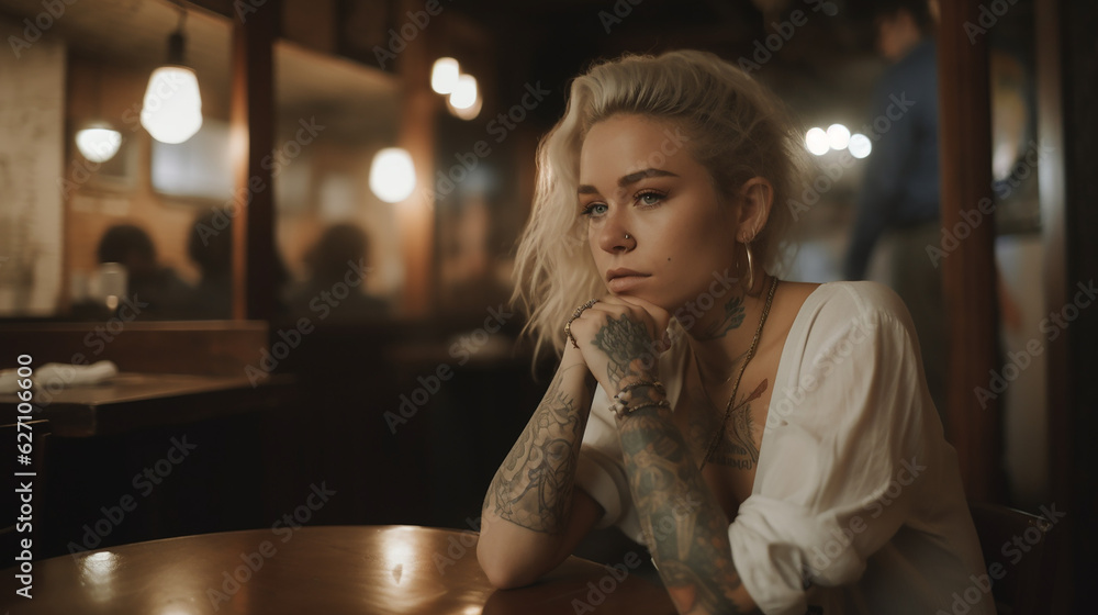 Modern woman, sitting, across, from you at a restaurant, blonde hair, low cut top, uncovered