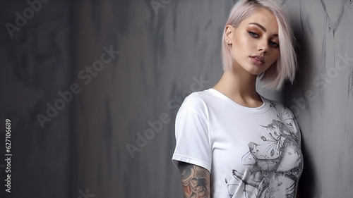Oversize, white, Galliano, style t - shirt, mockup, photo with girl, topmodel, with tatoos, light concrete, background, professional mockup, photo  photo