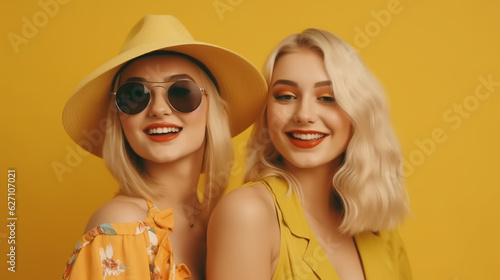 Two young, beautiful smiling, blond hipster, female, in trendy, summer clothes. Sexy carefree, women posing, near yellow, wall, in studio. Positive models, having fun. Cheerful, and happy, 