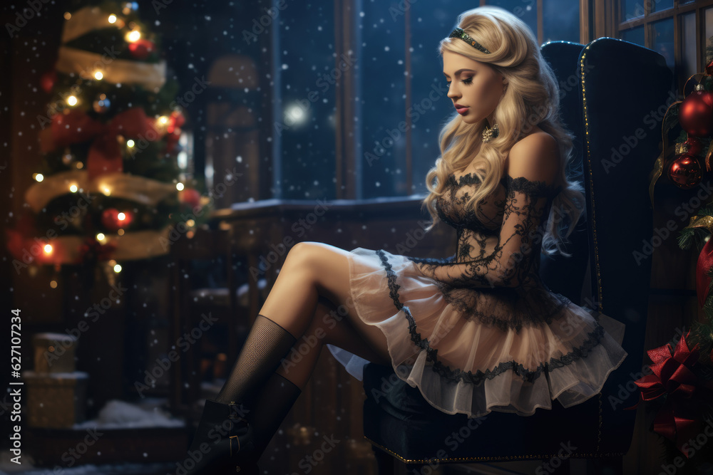 Captivating Christmas Portrait: A photo of a blonde woman with sexy outfit seated with poise, surrounded by the magical ambiance of a Christmas tree and festive scenery. AI Generative