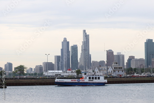 Panoramic view of the bridge and river in the downtown city of Chicago, IL downtown —birds' eye view of downtown and river with taxi.  © Jessica Brouillette