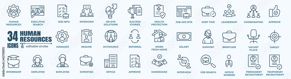 Headhunting And Human Resources minimal thin editable stroke icon set. Included the line icons as Recruitment, Career Goals, Resume or CV, and more. Outline icons collection. Simple vector illustratio - obrazy, fototapety, plakaty 
