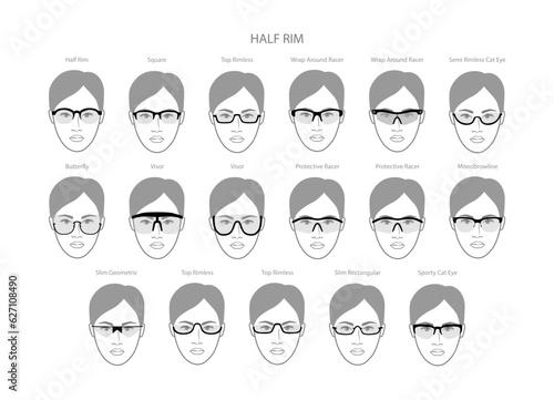 Set of Half Rim frame glasses on women face character fashion accessory illustration. Sunglass front view unisex silhouette style, flat rim eyeglasses, lens sketch style outline isolated on white