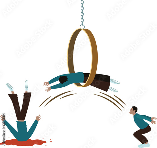 We can't do what we can't do. Somebody got in way over his head. Failure in getting success. Unsuccsessful attempt or challenge. Jump through a hanging ring. Vector illustration in cartoon style.