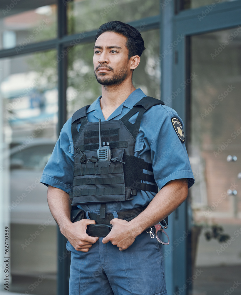 Φωτογραφία Security, police officer and man in uniform in city for defense, inspection and supervision on patrol