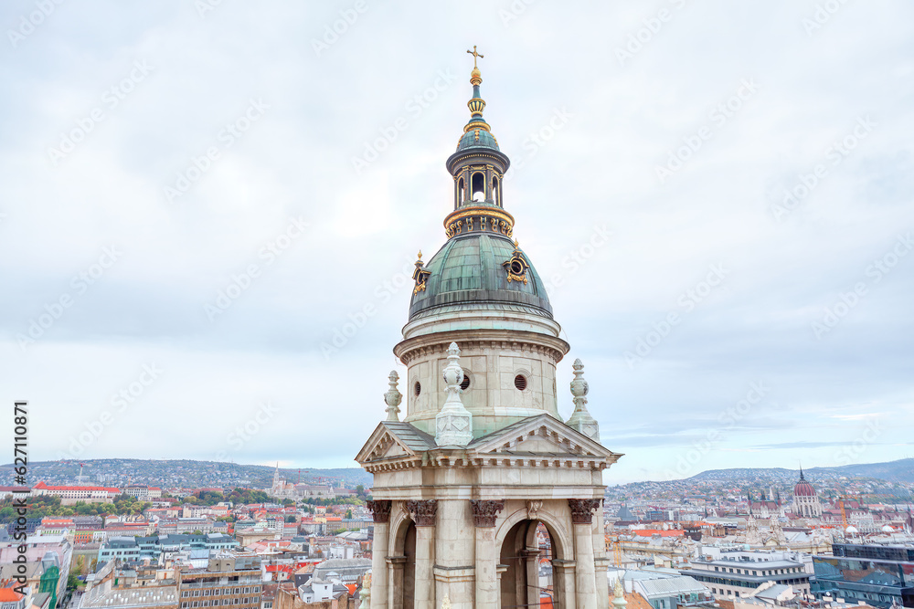 Tower with dome of Budapest cathedral . Stephen's Basilica is a Roman Catholic church in Budapest, Hungary