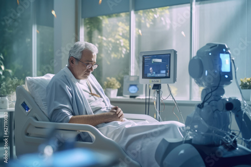 Future Elderly Care. Cyborg Robots monitoring vital signs and administering medication bedridden seniors in a nursing home or hospital. Healthcare and technological innovation concept. AI Generative