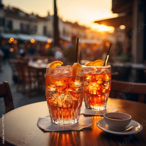 evening   in town streeet  cafe two glasses of wine on table on summer evening city ,candles blurred light ,people walking on street  photo