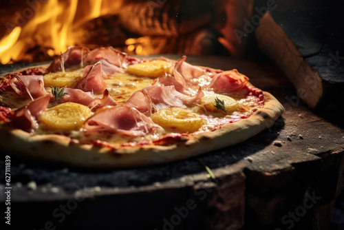 Savoring the Tropical Flavor: Pineapple and Ham Pizza from Wood-fired Oven. AI Generative.