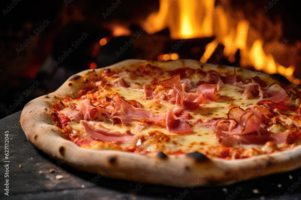 Authentic Italian Prosciutto Pizza Feast: Traditional Ham and cheese Pizza with fresh ingredients from Wood-Fired Oven - AI Generative