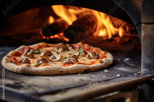 Authentic Italian Feast  Traditional Pizza from Wood-Fired Oven  with simple and fresh ingredients mushrooms and cheese - AI Generative