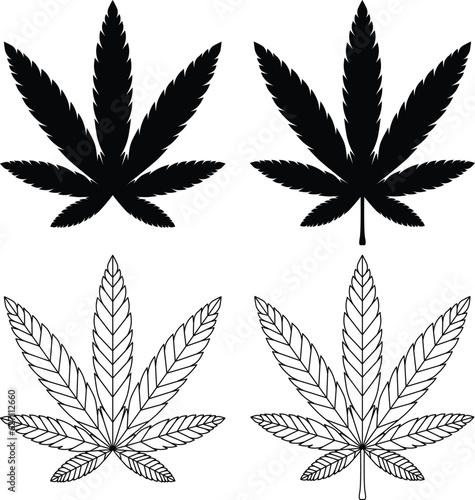 Pot leaf vector illustration. Marijuana leaf silhouette and line art drawing. hemp plant With and without stem. Weed leaf.