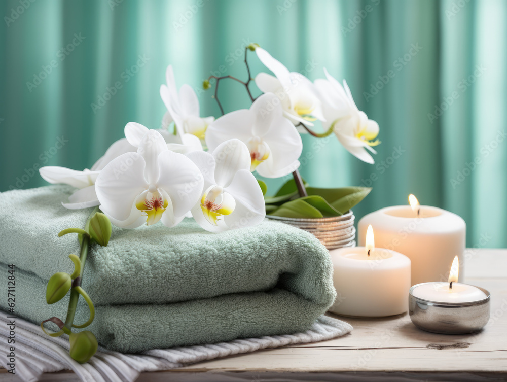 Serene Relaxation Haven. Empty background with a massage table adorned with towels, candles, flowers and aromatherapy oils. Copy space for text. Spa retreat, wellness AI Generative
Serene Relaxation Haven. Empty background with a massage table adorned with towels, candles, flowers and aromatherapy oils. Copy space for text. Spa retreat, wellness AI Generative