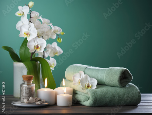 Serene Relaxation Haven. Empty background with a massage table adorned with towels, candles, flowers and aromatherapy oils. Copy space for text. Spa retreat, wellness AI Generative 
