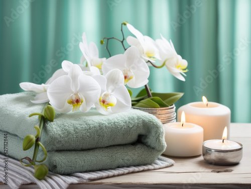 Serene Relaxation Haven. Empty background with a massage table adorned with towels  candles  flowers and aromatherapy oils. Copy space for text. Spa retreat  wellness AI Generative  