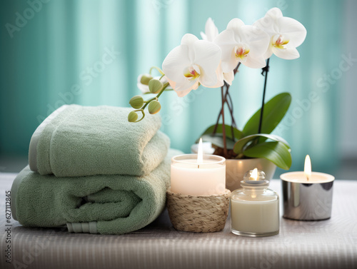 Serene Relaxation Haven. Empty background with a massage table adorned with towels, candles, flowers and aromatherapy oils. Copy space for text. Spa retreat, wellness AI Generative 