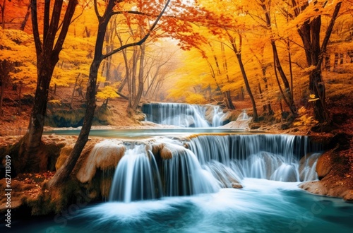 A waterfall in autumn with some colourful trees, generative ai