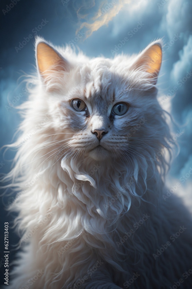 An ethereal portrait of a cat with a face made of wispy clouds, its fur illuminated by a soft, dreamy light. Generative AI