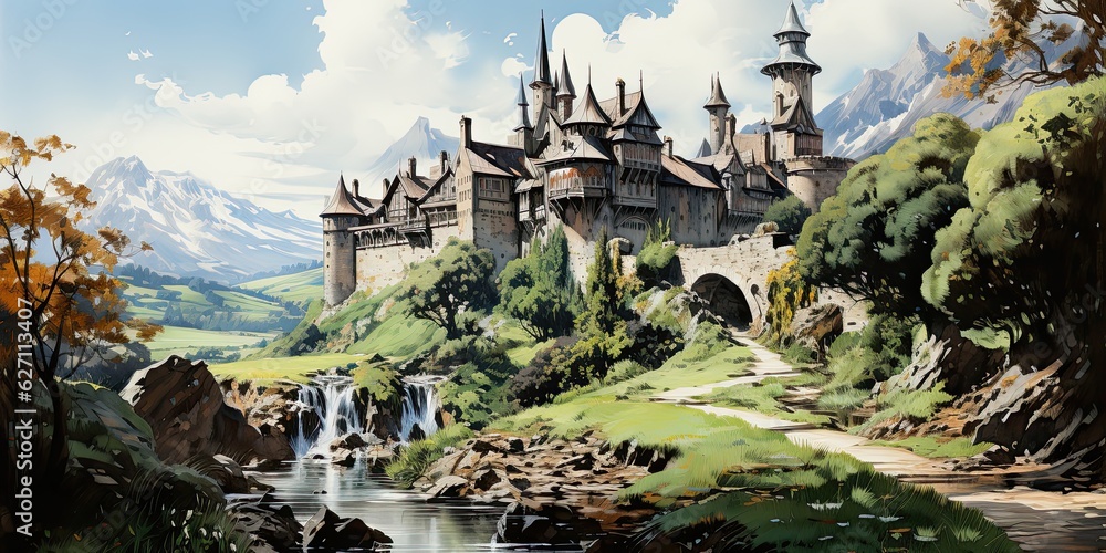 Watercolor castle painting, fairy tale, generative AI Watercolor castle painting, fairy tale, generative AI