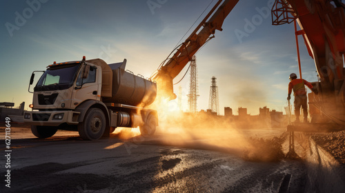 Industrial Progress: Sunrise Construction with Concrete Mixer Truck - Ai Generative