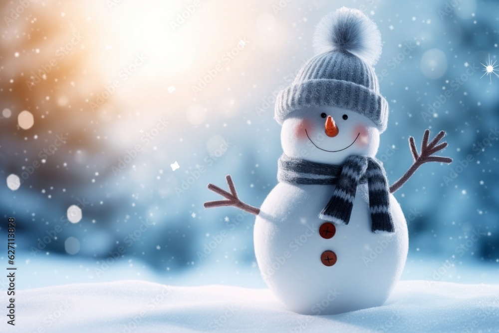 Snowman as a symbol of Christmas and New Year holidays. Background with selective focus and copy space