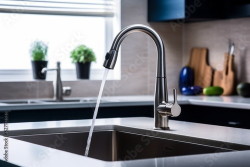 Close-up of a kitchen faucet with running water. Modern kitchen interior design concept. AI generated, human enhanced