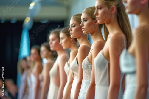 Top models at the fashion show. Background with selective focus. AI generated, human enhanced