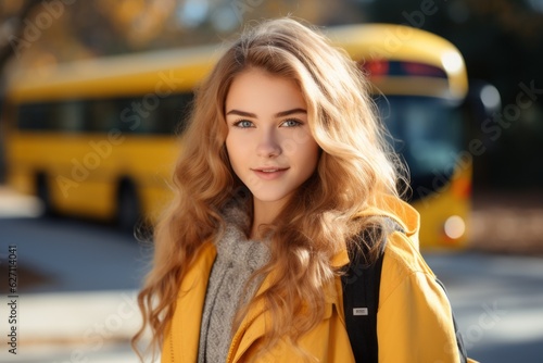 High school student female on a blurred background of the bus. Back To School concept. Background with selective focus