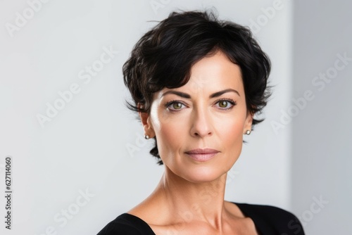 Portrait of an adult successful woman on a light background with selective focus and copy space. AI generated © top images