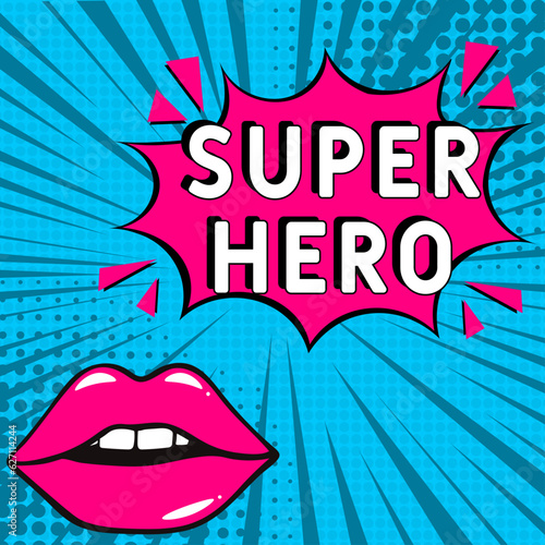 Comic book explosion with text Super Hero, vector illustration. Vector bright cartoon illustration in retro pop art style. Super Hero in pop art style. Creative poster, web banner