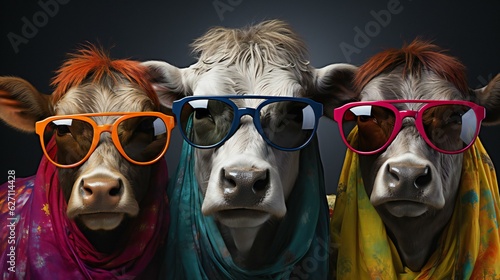 カラフルな服を着たサングラスをかけた牛