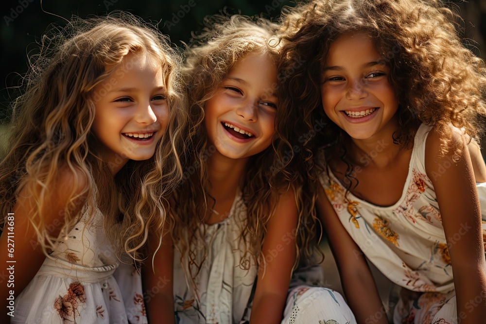 Fototapeta premium Three happy girl friends in its 10s enjoying themselves in the park
